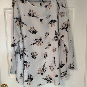 Lane Bryant White Long-Sleeve Floral Shift Dress with Black & Beige Print
